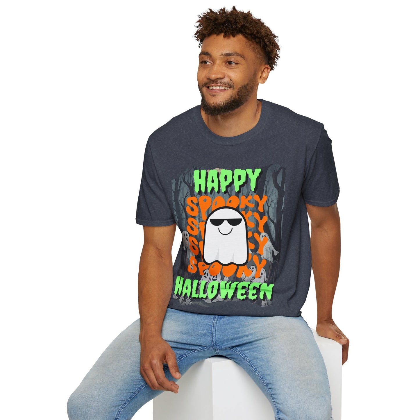 Spooky Happy Halloween Ghost Dark colors Green font Unisex T-Shirt by CreepyCrafts.boo