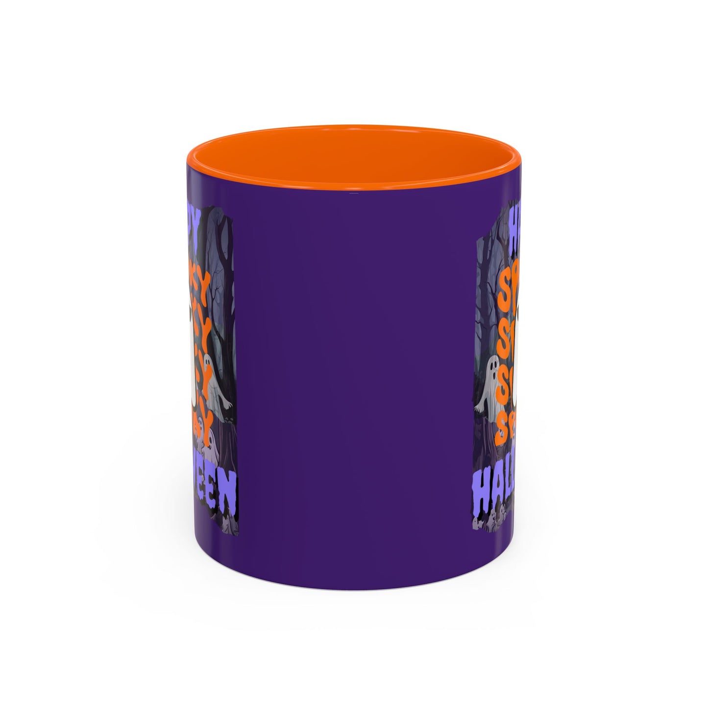 Spooky Happy Halloween Ghost Purple font Purple Accent Mug by CreepyCrafts.boo