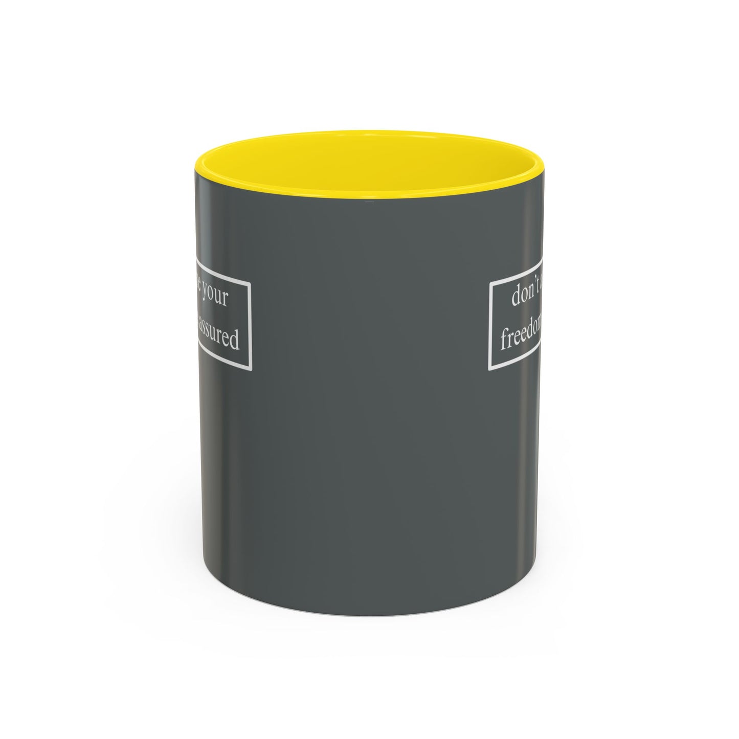 don't assume your freedoms are assured, White font, Grey Accent Mug by cypherpunkgear.com