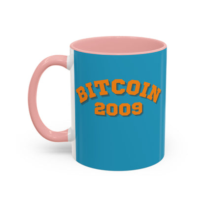 Bitcoin 2009 Turquoise Accent Mug by cypherpunkgear.com