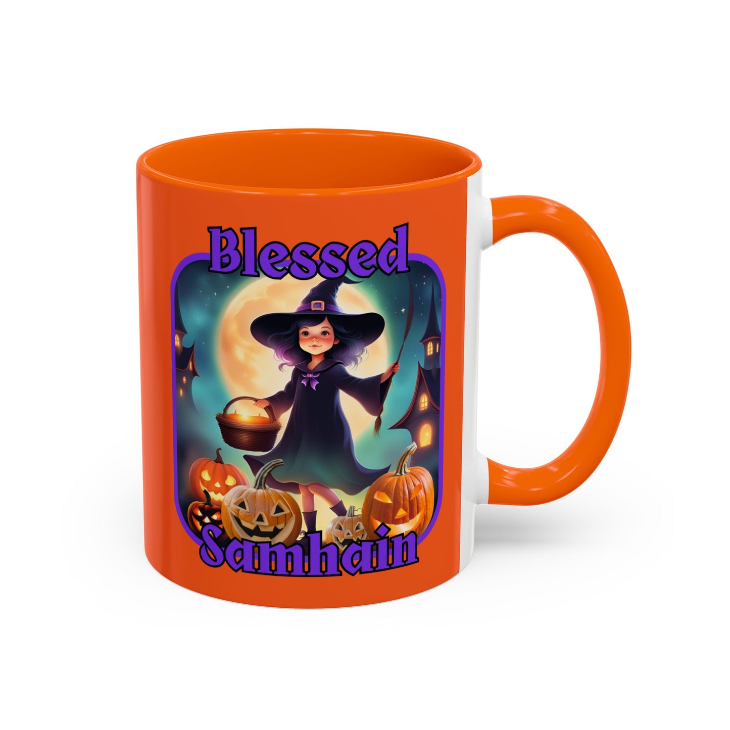 Blessed Samhain Little Witch Purple font Orange Accent Mug by CreepyCrafts.boo