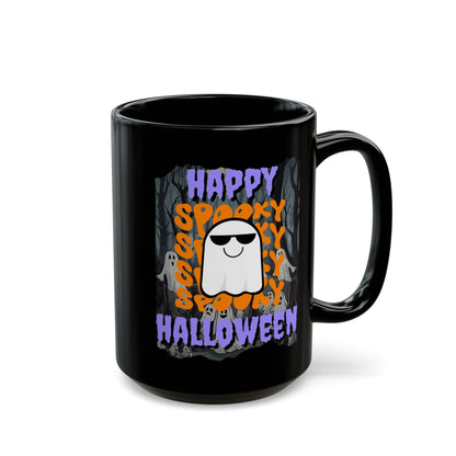 Spooky Happy Halloween Ghost Purple font Black Mug by CreepyCrafts.boo