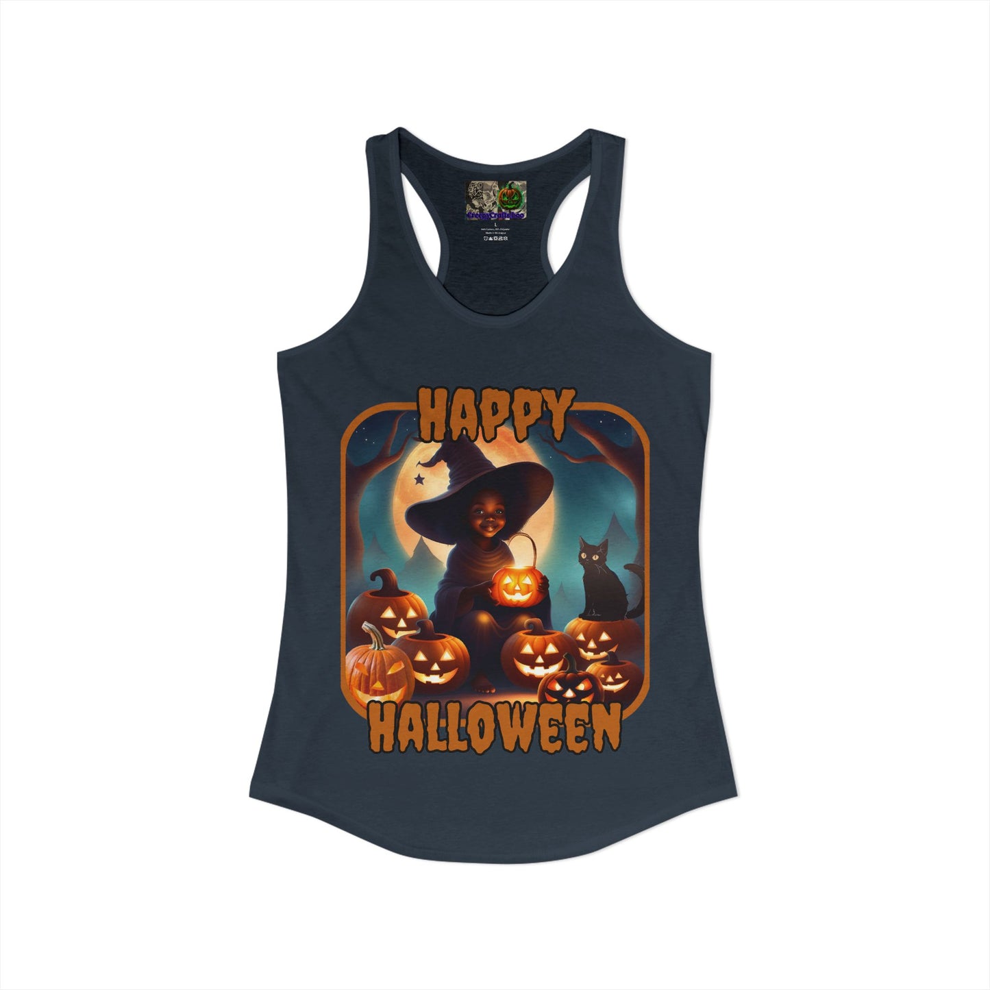 Happy Halloween Cute Witch Orange font Women's Racerback Tank Top by CreepyCrafts.boo