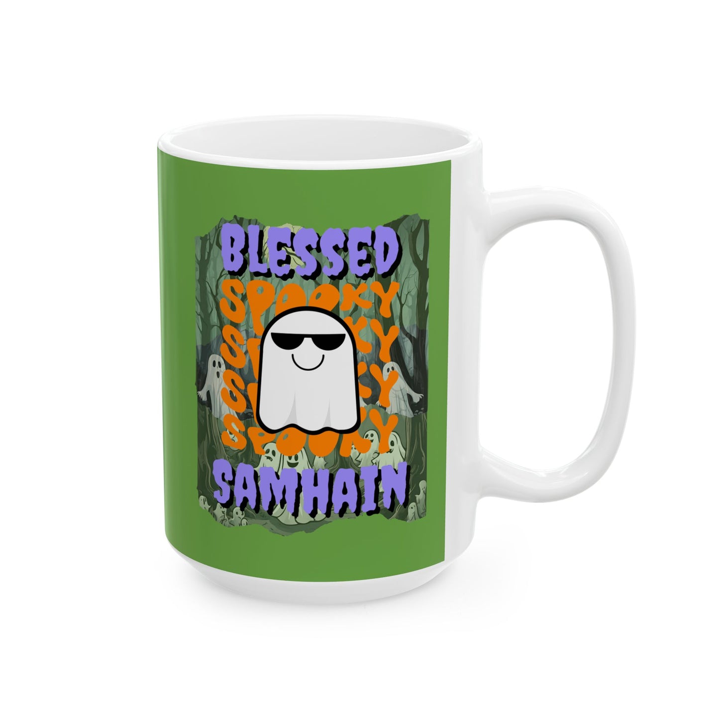 Spooky Blessed Samhain Ghost Purple font Green Mug by CreepyCrafts.boo