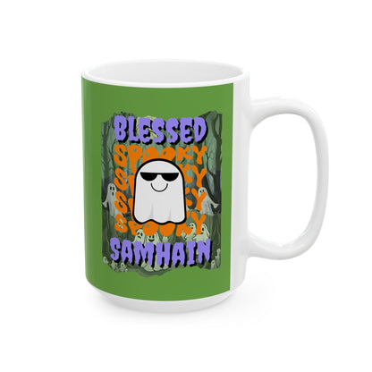 Spooky Blessed Samhain Ghost Purple font Green Mug by CreepyCrafts.boo