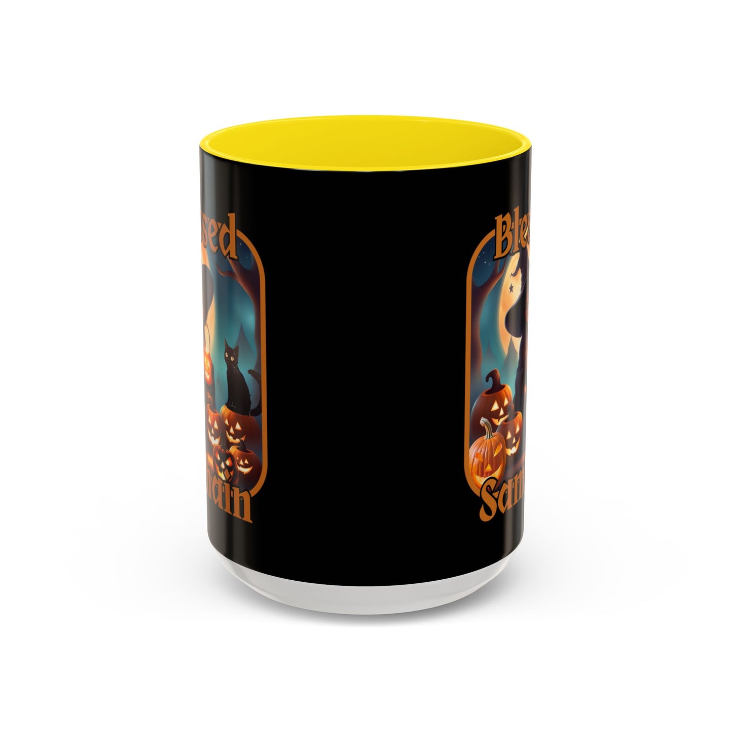 Blessed Samhain Cute Witch Orange font Black Accent Mug by CreepyCrafts.boo