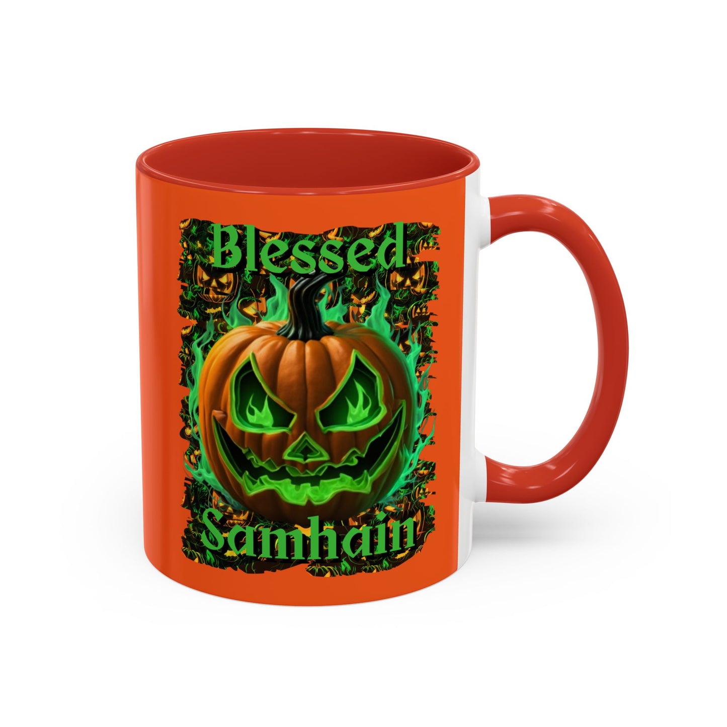 Blessed Samhain Green Jack Orange Accent Mug by CreepyCrafts.boo