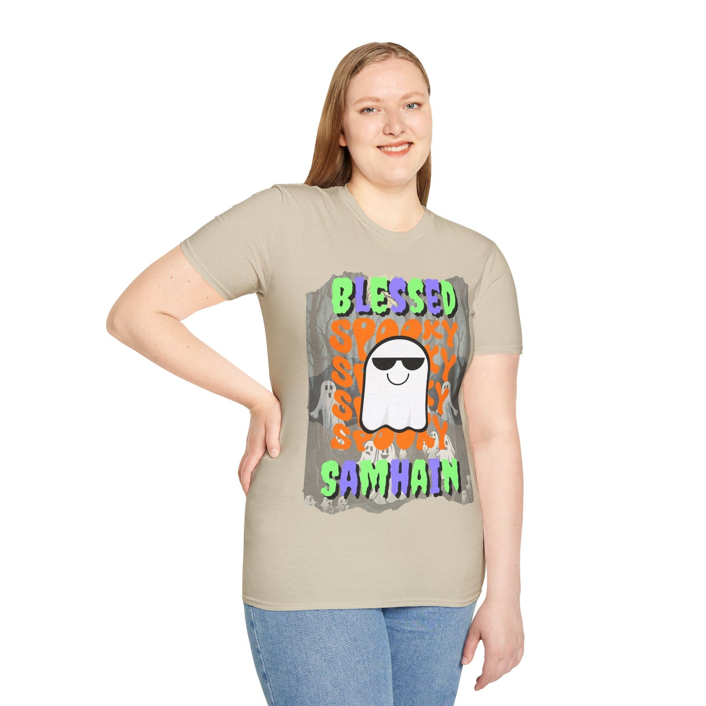 Spooky Blessed Samhain Ghost Mixed font Unisex T-Shirt by CreepyCrafts.boo