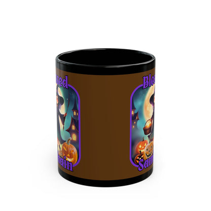 Blessed Samhain Little Witch Purple font Brown Mug by CreepyCrafts.boo