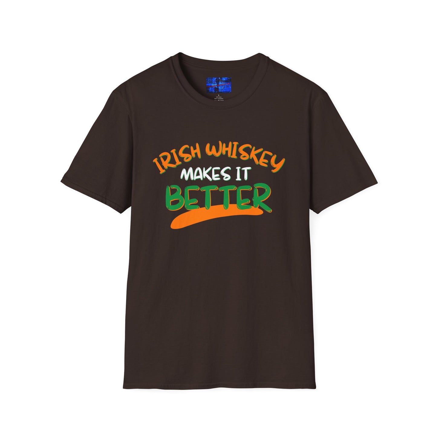 Irish Whiskey makes it better Orange, White, and Green font Dark colors Unisex T-Shirt by cypherpunkgear.com