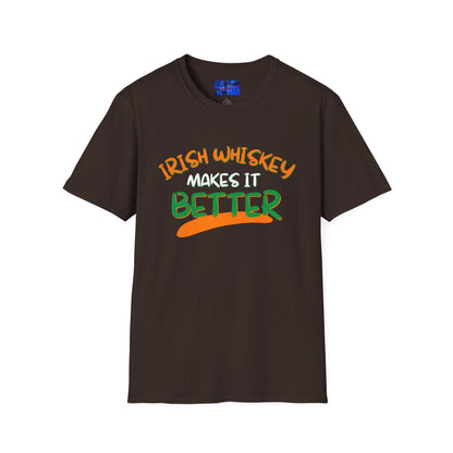 Irish Whiskey makes it better Orange, White, and Green font Dark colors Unisex T-Shirt by cypherpunkgear.com