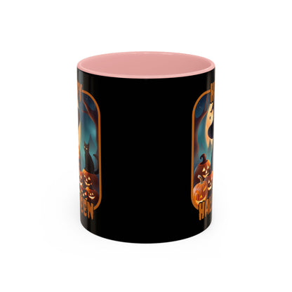 Happy Halloween Cute Witch Orange font Black Accent Mug by CreepyCrafts.boo