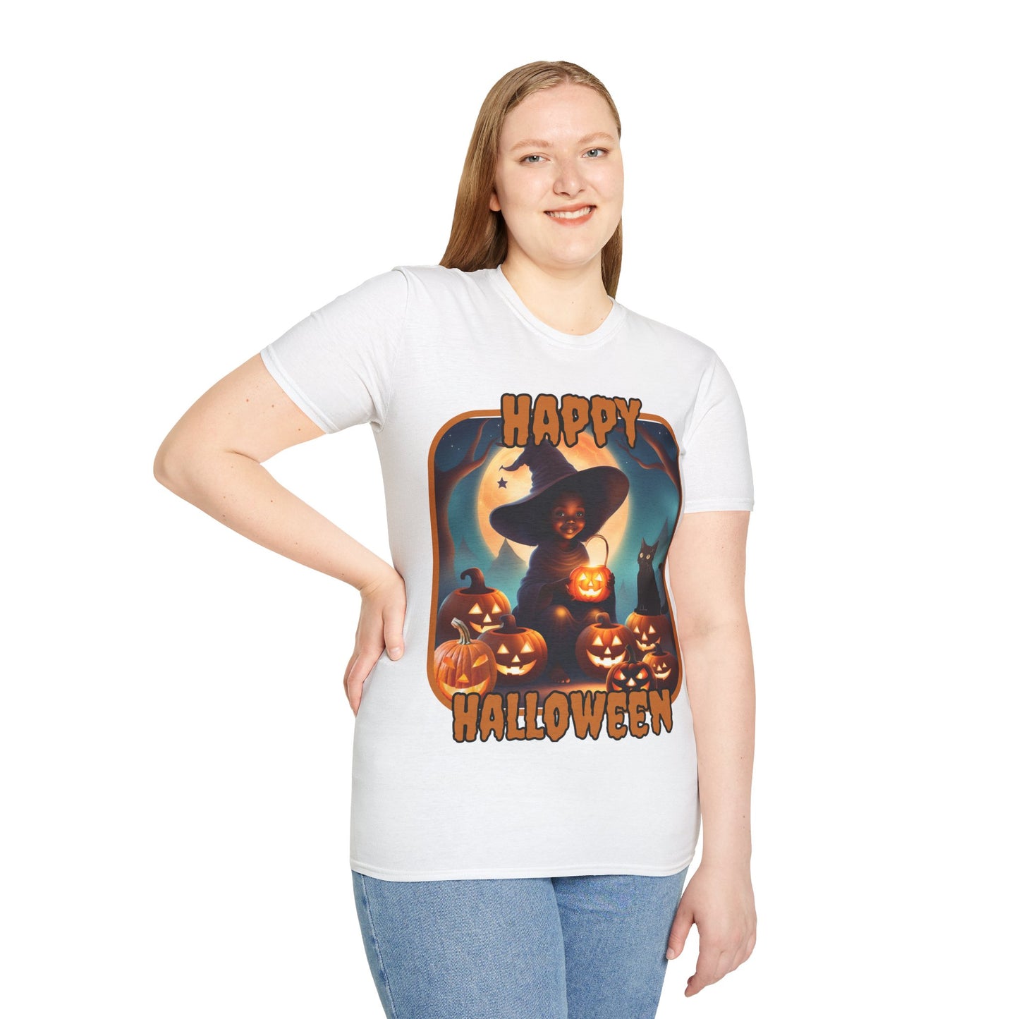 Happy Halloween Cute Witch Orange font, Light colors, Unisex T-Shirt by CreepyCrafts.boo