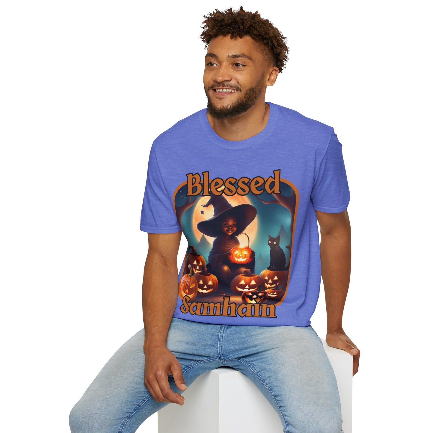 Blessed Samhain Cute Witch Orange font Light colors Unisex T-Shirt by CreepyCrafts.boo
