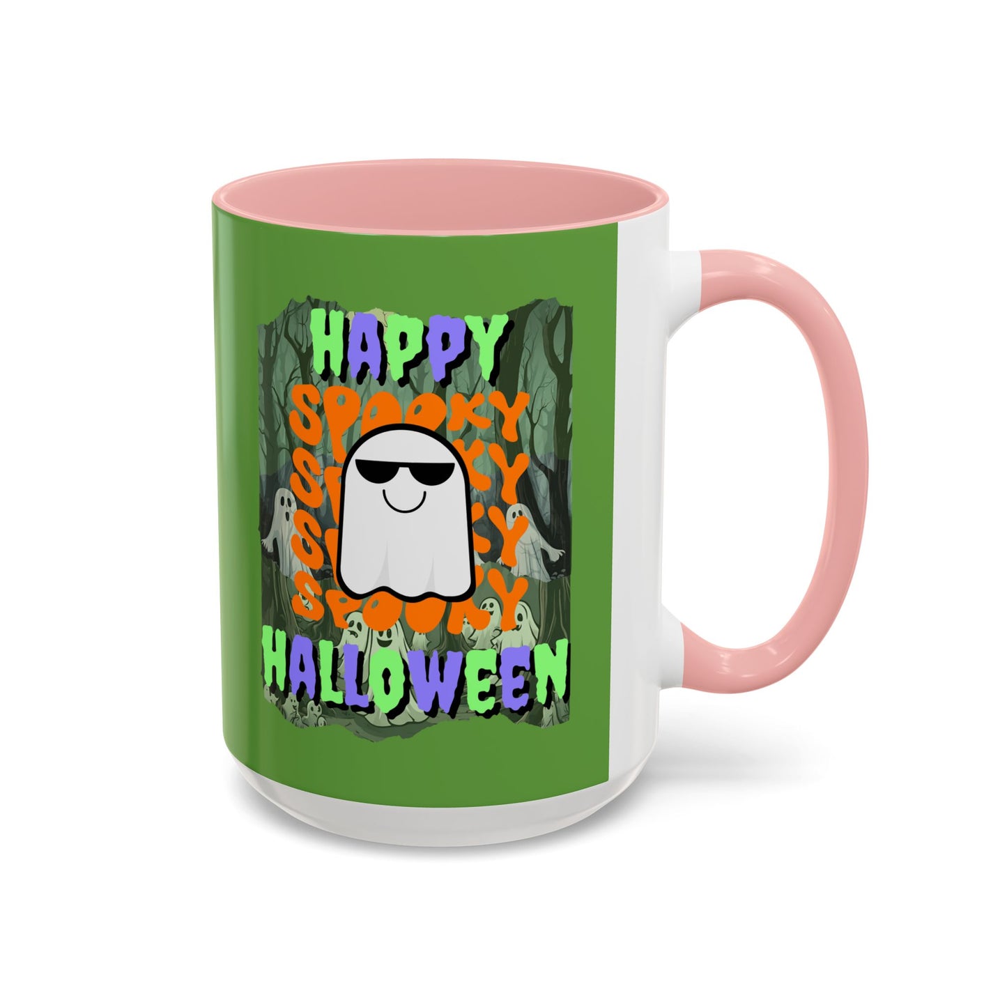 Spooky Happy Halloween Ghost Mixed font Green Accent Mug by CreepyCrafts.boo