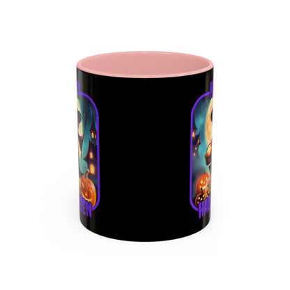 Happy Halloween Little Witch Purple font Black Accent Mug by CreepyCrafts.boo