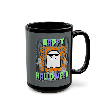 Spooky Happy Halloween Ghost Mixed font Grey Mug by CreepyCrafts.boo
