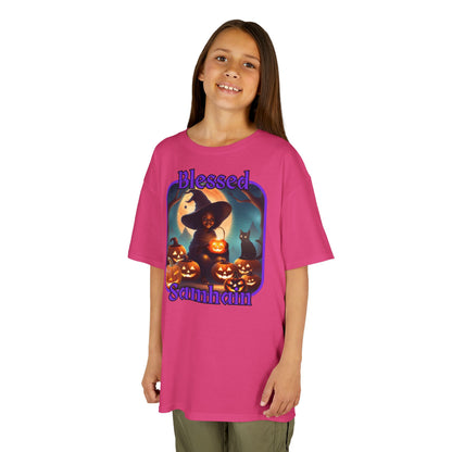 Blessed Samhain Cute Witch Purple font Kids Heavy Cotton™ Tee by CreepyCrafts.boo