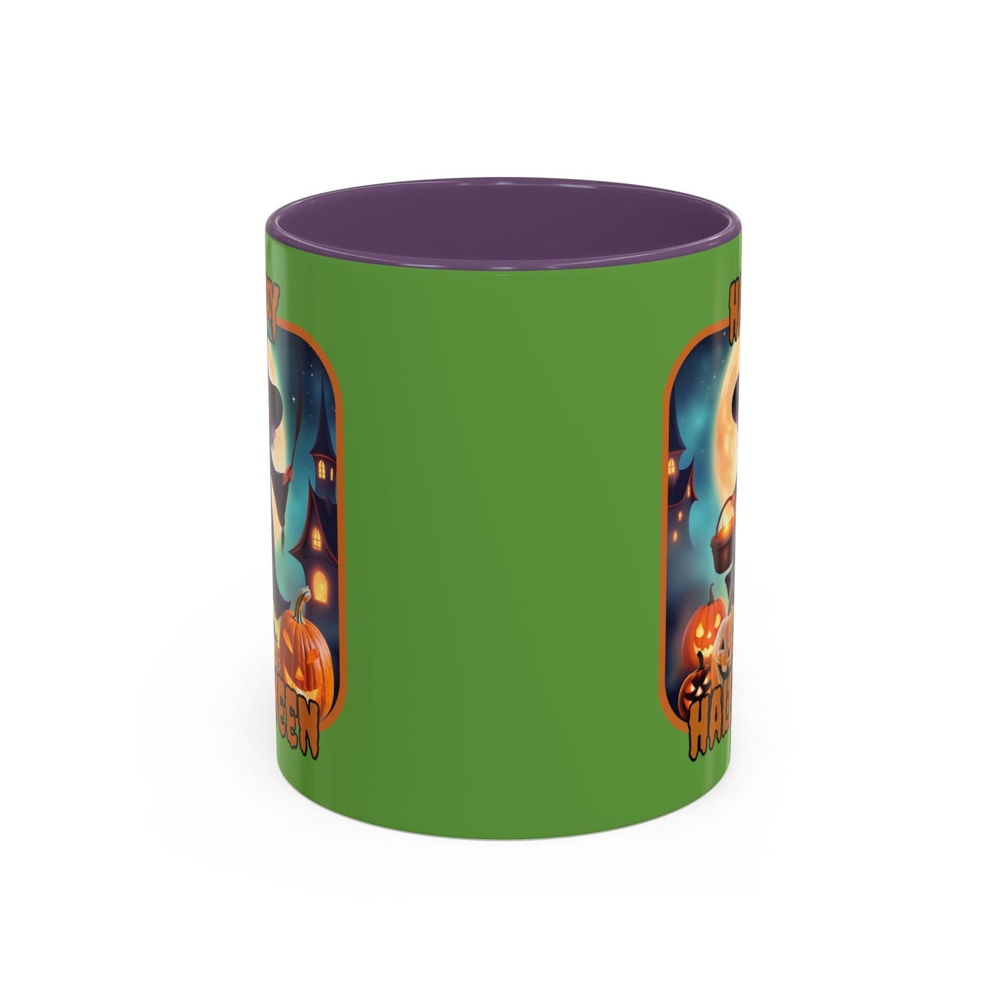 Happy Halloween Little Witch Orange font Green Accent Mug by CreepyCrafts.boo