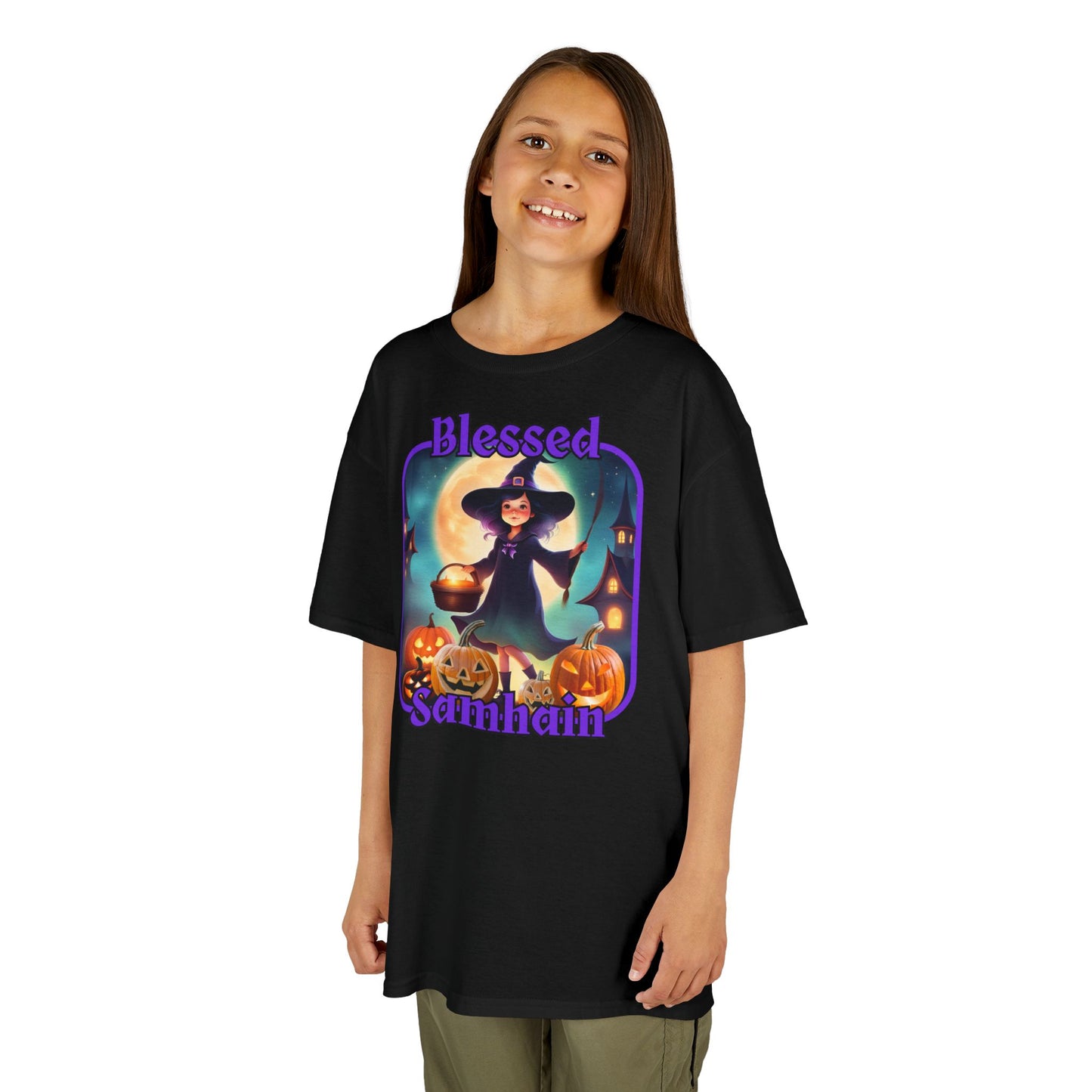 Blessed Samhain Little Witch Purple font Kids Heavy Cotton™ Tee by CreepyCrafts.boo