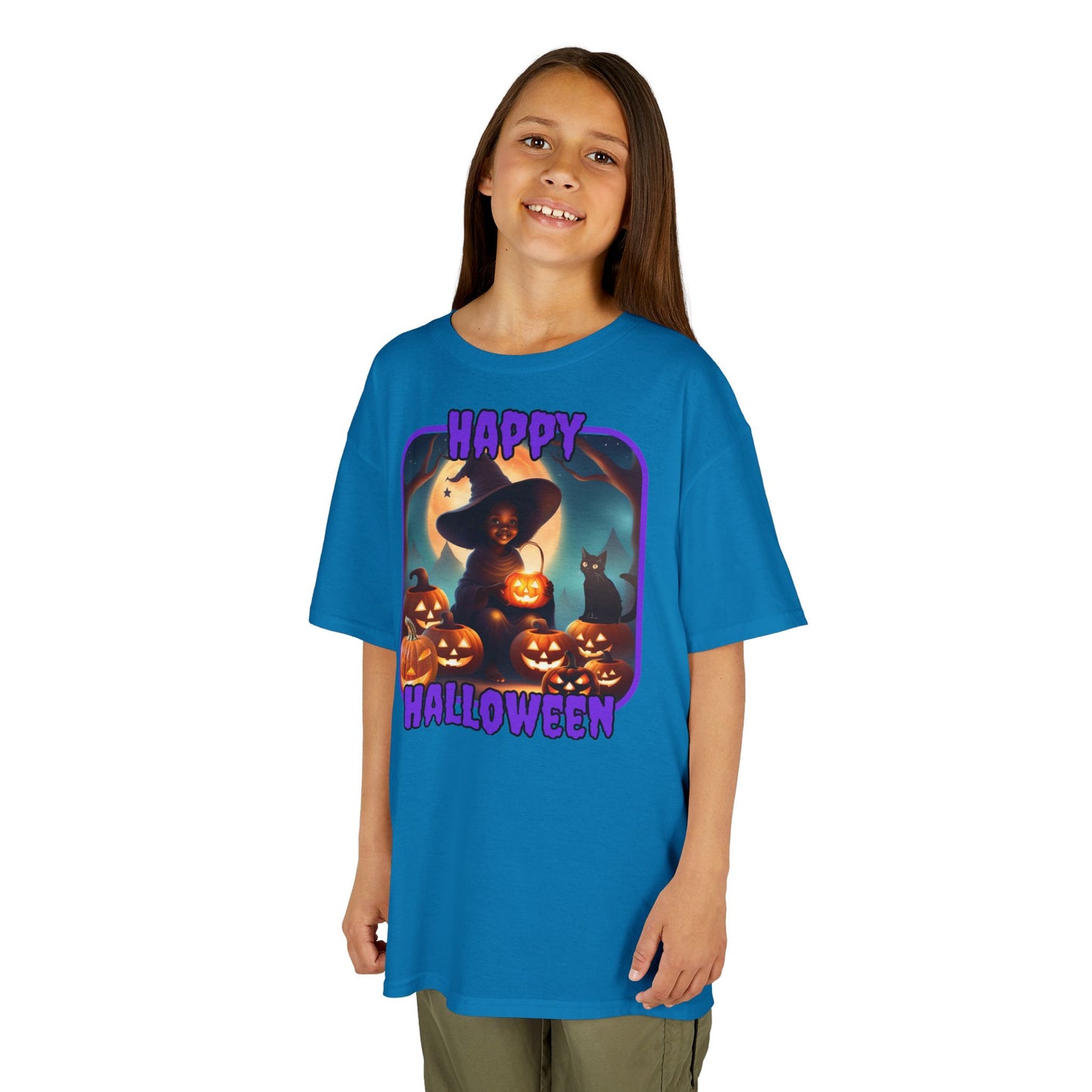Happy Halloween Cute Witch Purple font Kids Heavy Cotton™ Tee by CreepyCrafts.boo