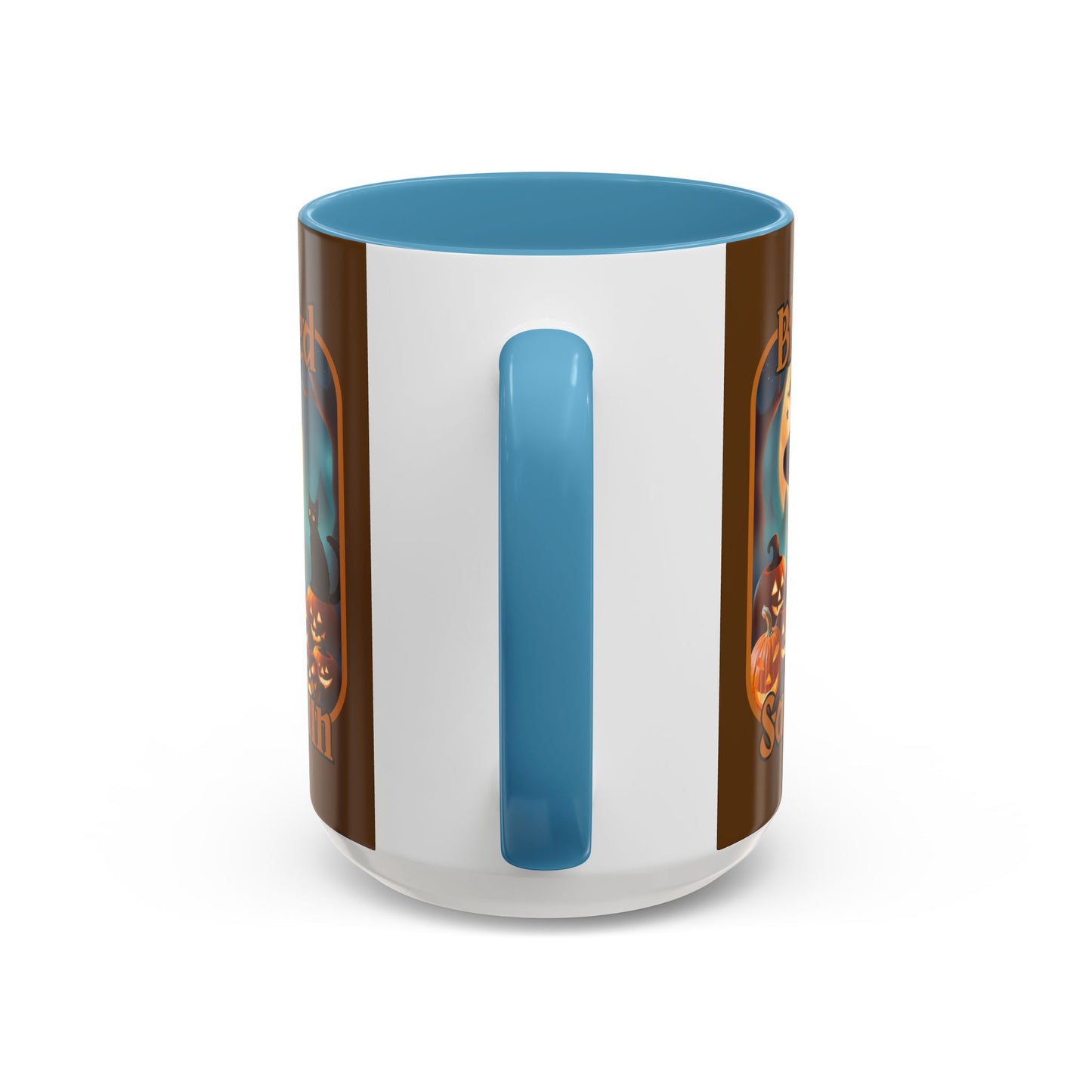 Blessed Samhain Cute Witch Orange font Brown Accent Mug by CreepyCrafts.boo