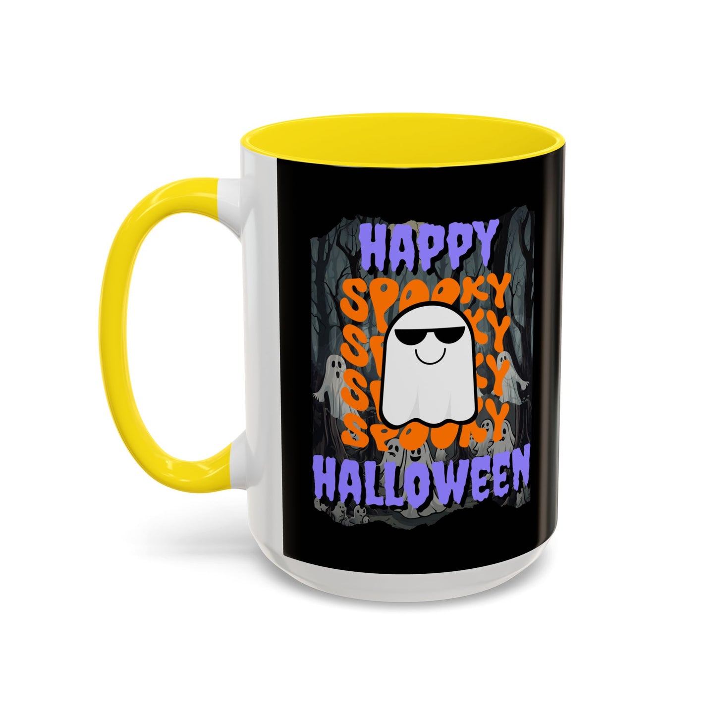 Spooky Happy Halloween Ghost Purple font Black Accent Mug by CreepyCrafts.boo