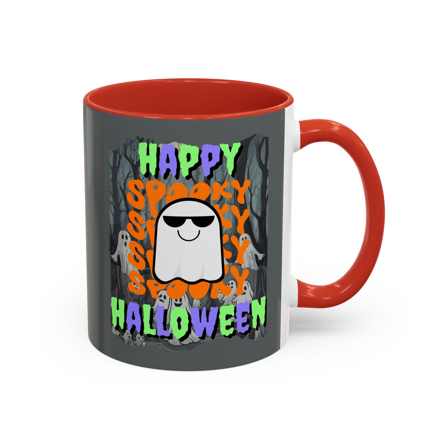 Spooky Happy Halloween Ghost Mixed font Grey Accent Mug by CreepyCrafts.boo