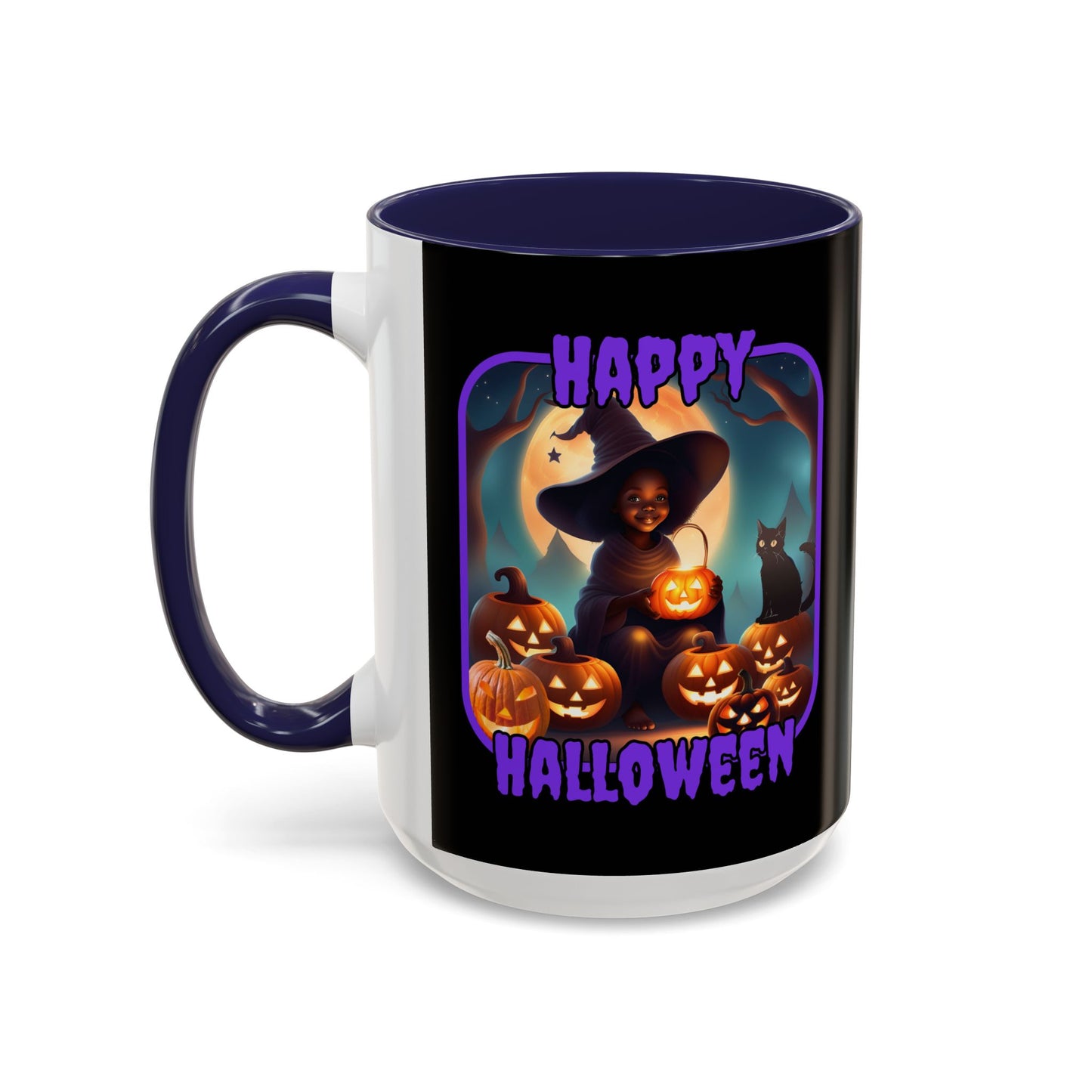 Happy Halloween Cute Witch Purple font Black Accent Mug by CreepyCrafts.boo