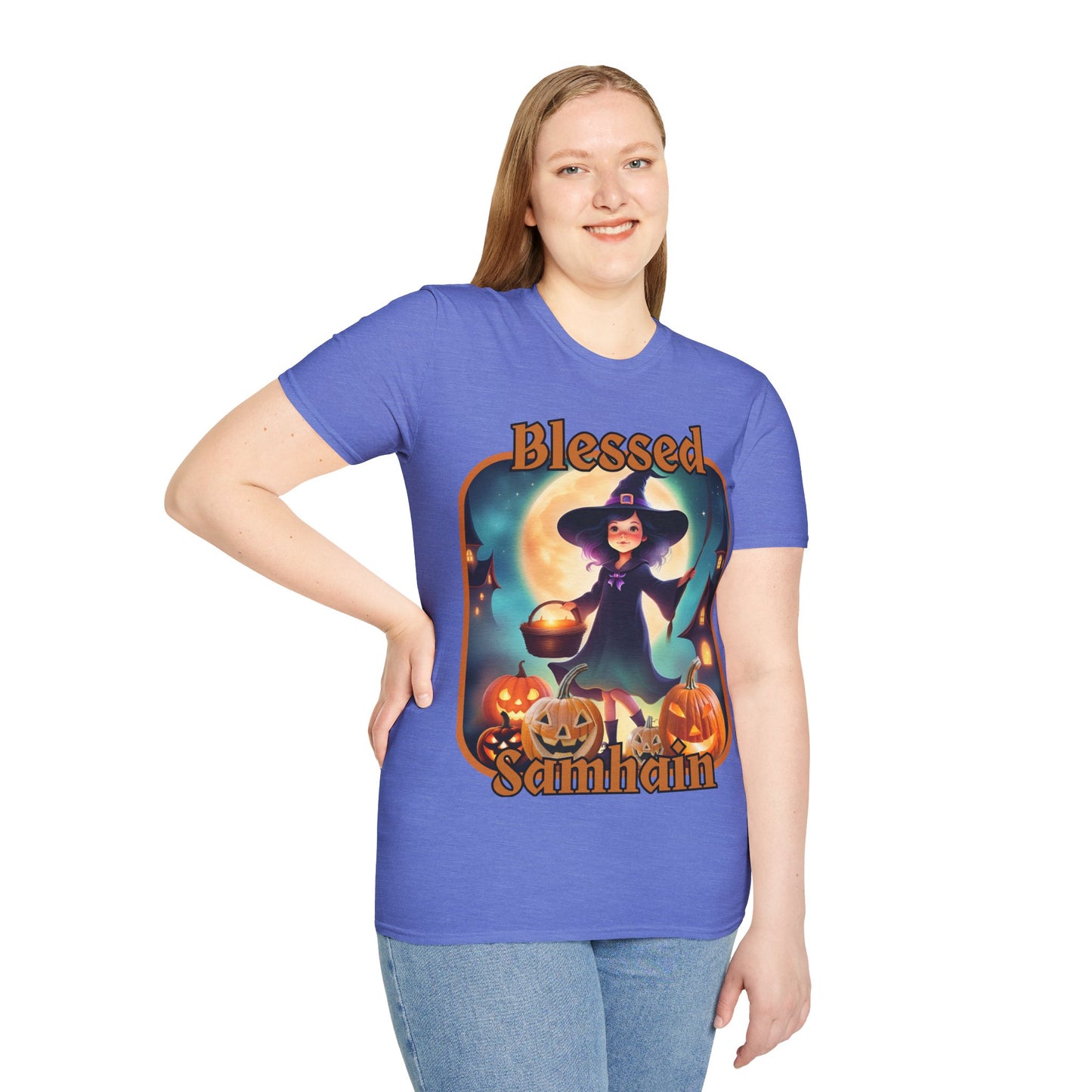 Blessed Samhain Little Witch Orange font Light colors Unisex T-Shirt by CreepyCrafts.boo
