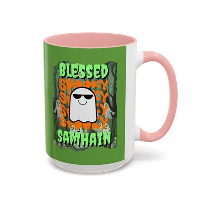 Spooky Blessed Samhain Ghost Green font Accent Mug by CreepyCrafts.boo