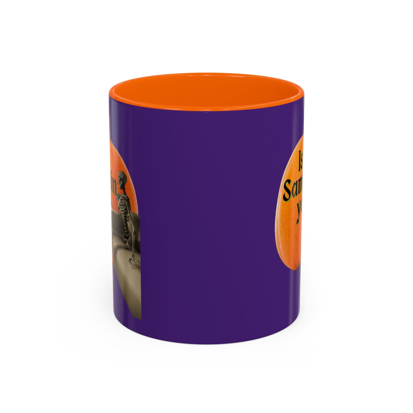 Is It Samhain Yet? Skeleton's Giant Pumpkin Purple Accent Mug by CreepyCrafts.boo