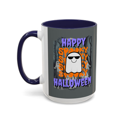 Spooky Happy Halloween Ghost Purple font Grey Accent Mug by CreepyCrafts.boo