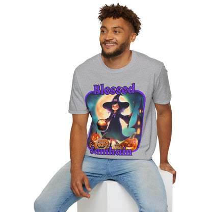 Blessed Samhain Little Witch Purple font Light colors Unisex T-Shirt by CreepyCrafts.boo