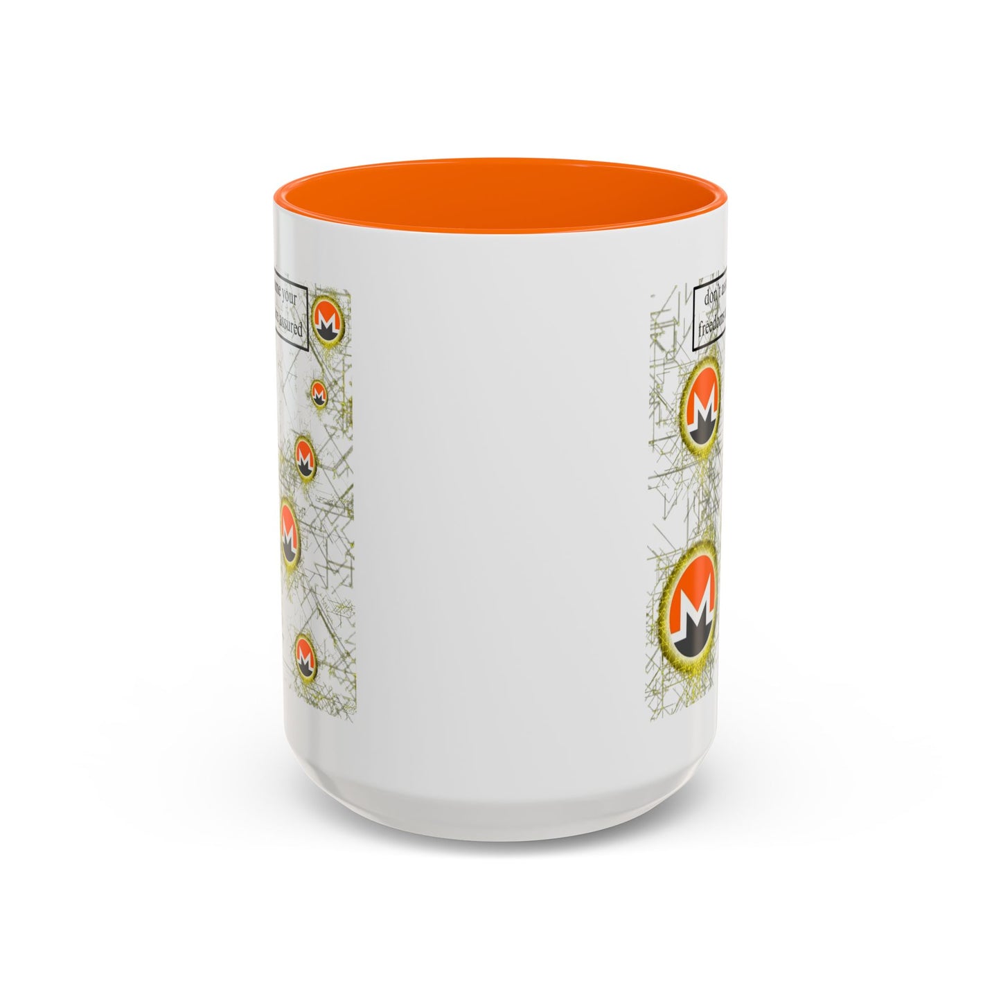 Monero (XMR) don't assume your freedoms are assured White Accent Mug by cypherpunkgear.com