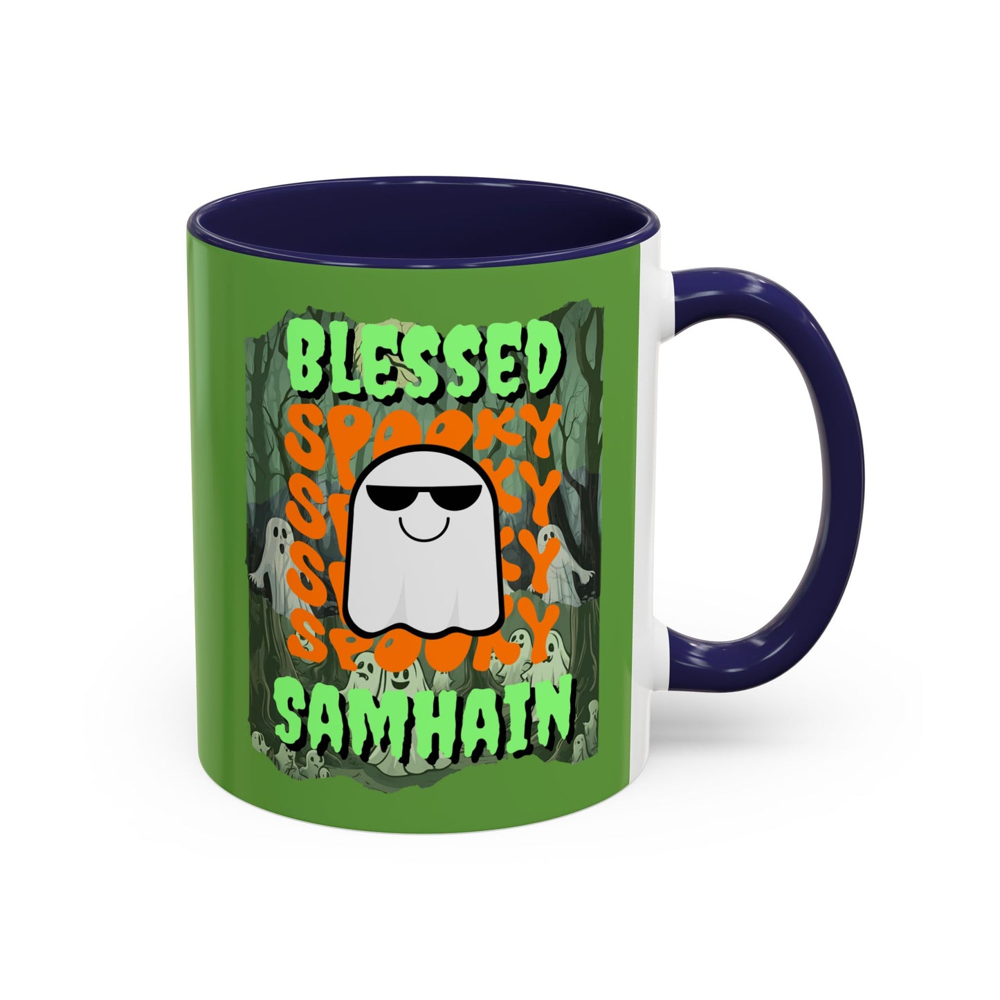 Spooky Blessed Samhain Ghost Green font Accent Mug by CreepyCrafts.boo