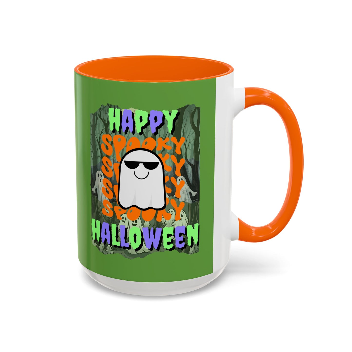 Spooky Happy Halloween Ghost Mixed font Green Accent Mug by CreepyCrafts.boo