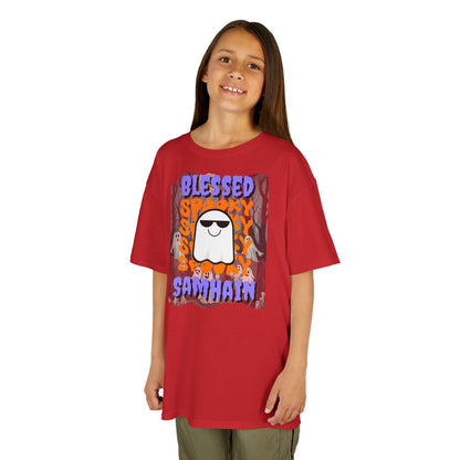 Spooky Blessed Samhain Ghost Purple font Kids Heavy Cotton™ Tee by CreepyCrafts.boo