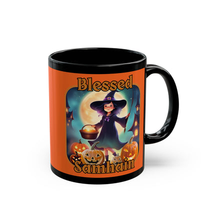 Blessed Samhain Little Witch Orange font Orange Mug by CreepyCrafts.boo