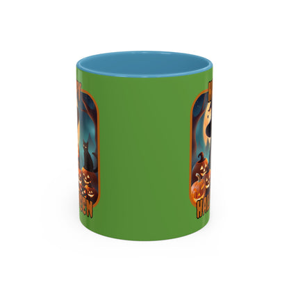 Happy Halloween Cute Witch Orange font Green Accent Mug by CreepyCrafts.boo