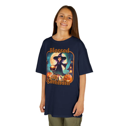 Blessed Samhain Little Witch Orange font Kids Heavy Cotton™ Tee by CreepyCrafts.boo