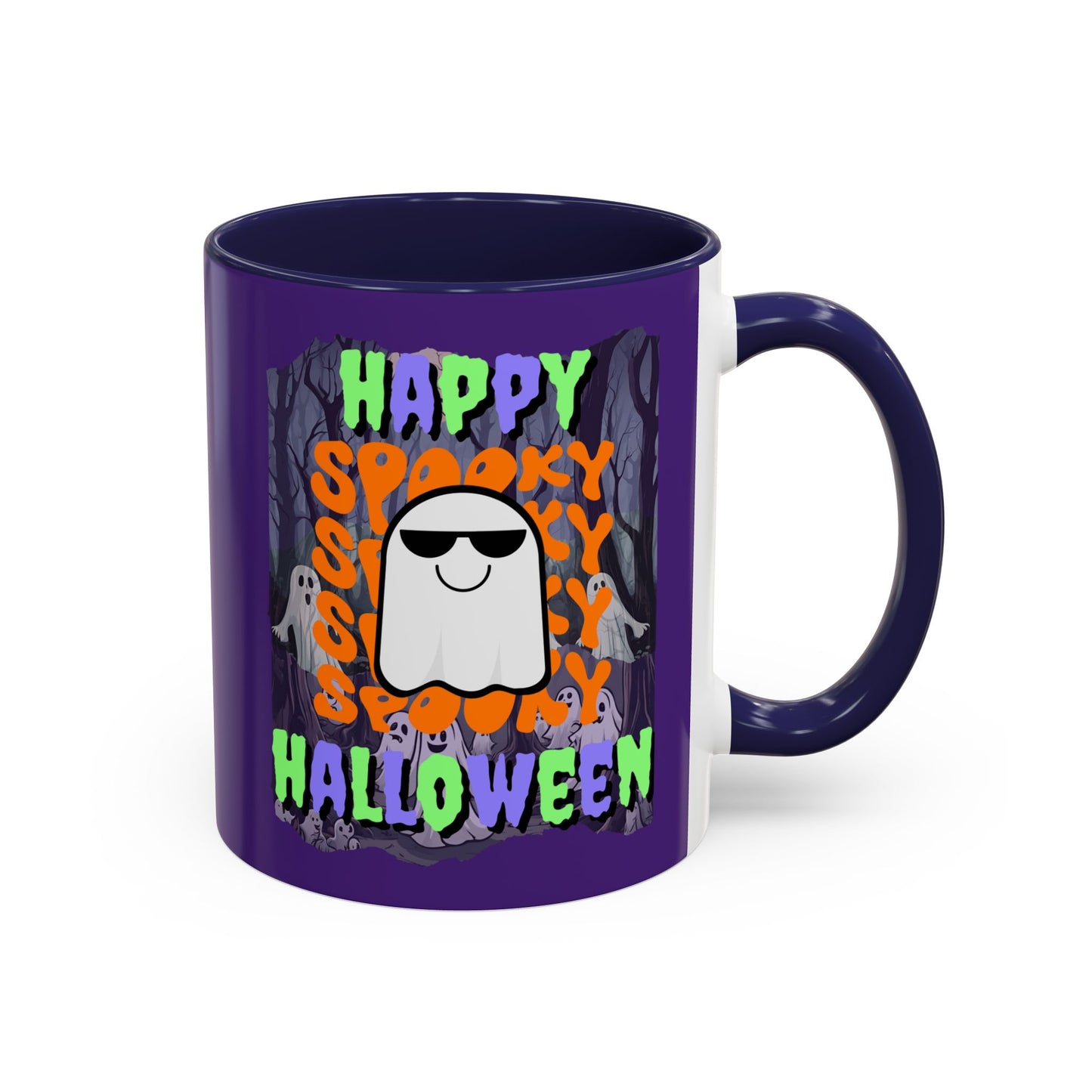 Spooky Happy Halloween Ghost Mixed font Purple Accent Mug by CreepyCrafts.boo