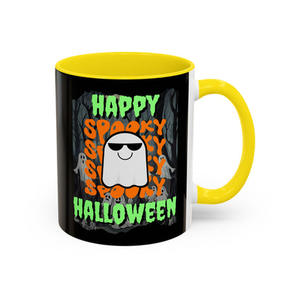 Spooky Happy Halloween Ghost Green font Black Accent Mug by CreepyCrafts.boo