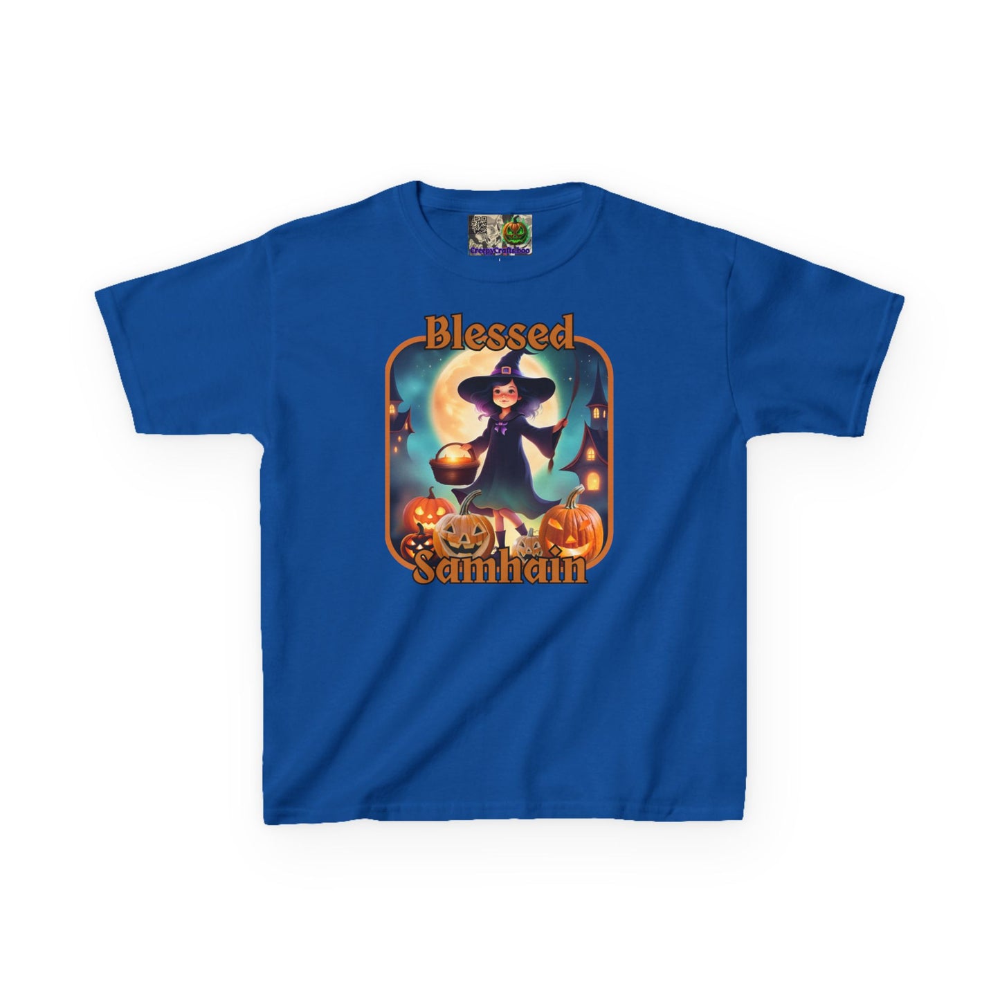Blessed Samhain Little Witch Orange font Kids Heavy Cotton™ Tee by CreepyCrafts.boo
