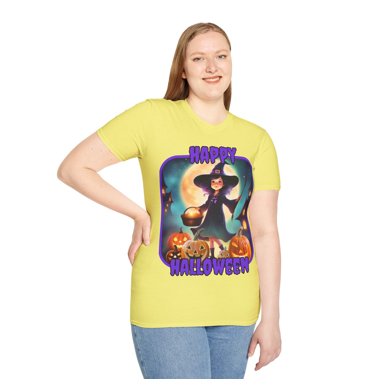 Happy Halloween Little Witch Purple font, Light colors, Unisex T-Shirt by CreepyCrafts.boo