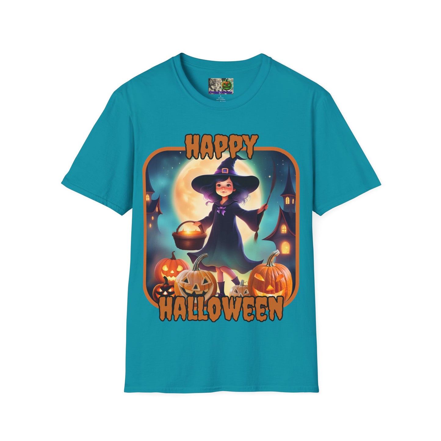 Happy Halloween Little Witch Orange font, Dark colors, Unisex T-Shirt by CreepyCrafts.boo