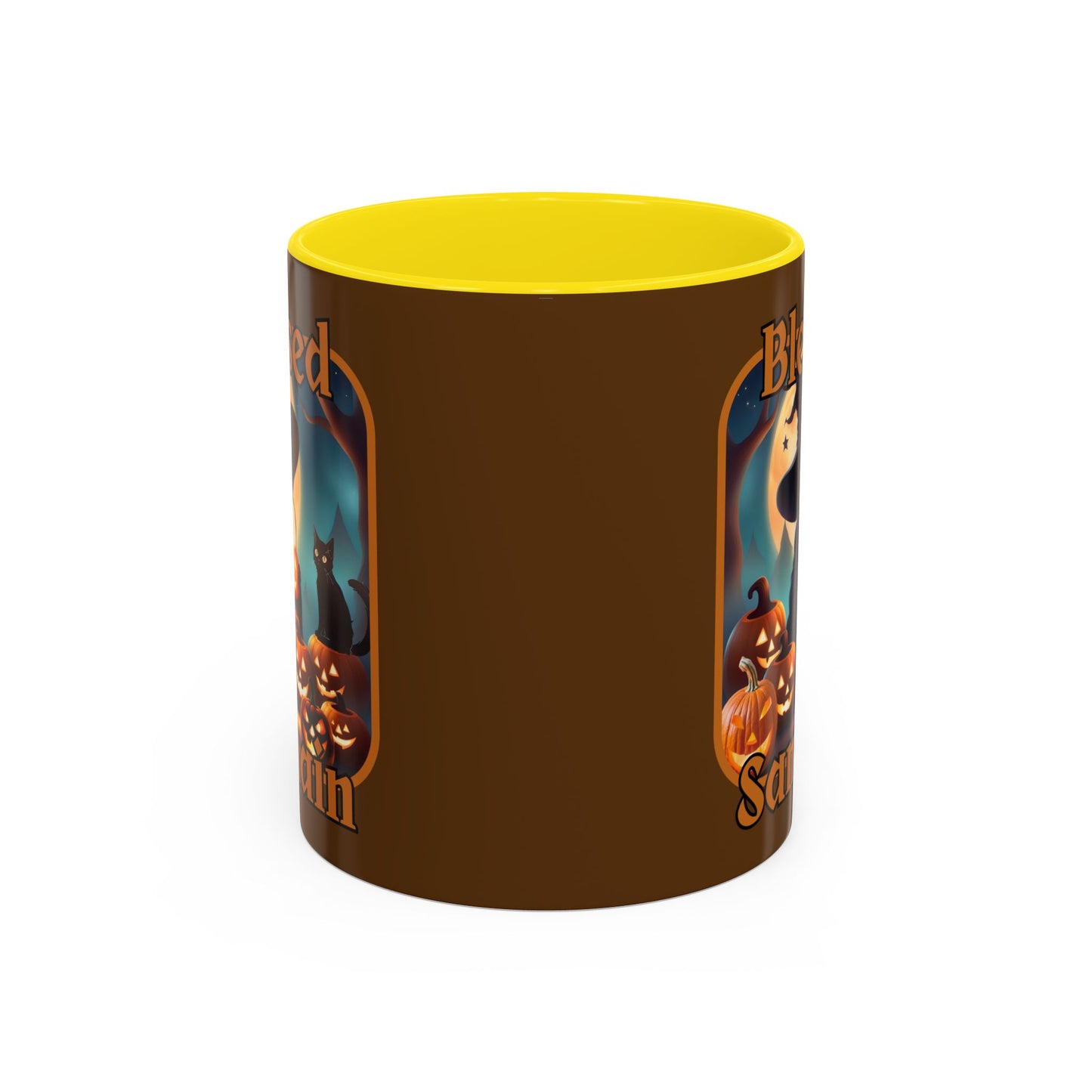 Blessed Samhain Cute Witch Orange font Brown Accent Mug by CreepyCrafts.boo