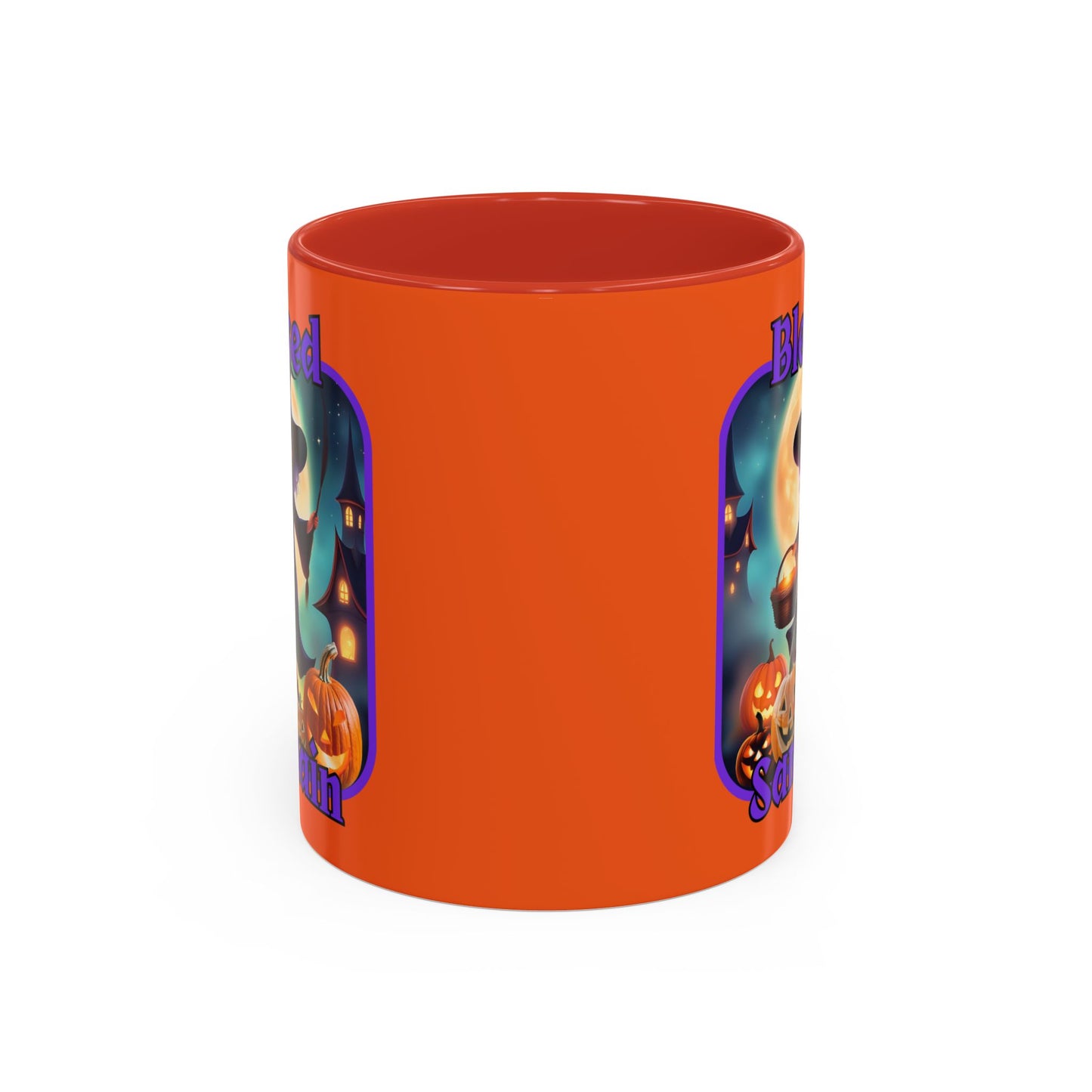 Blessed Samhain Little Witch Purple font Orange Accent Mug by CreepyCrafts.boo