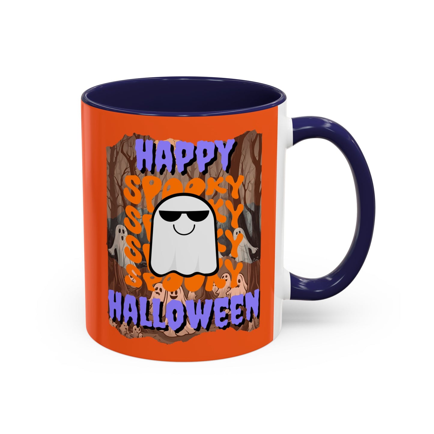 Spooky Happy Halloween Ghost Purple font Orange Accent Mug by CreepyCrafts.boo