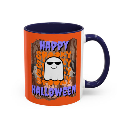 Spooky Happy Halloween Ghost Purple font Orange Accent Mug by CreepyCrafts.boo